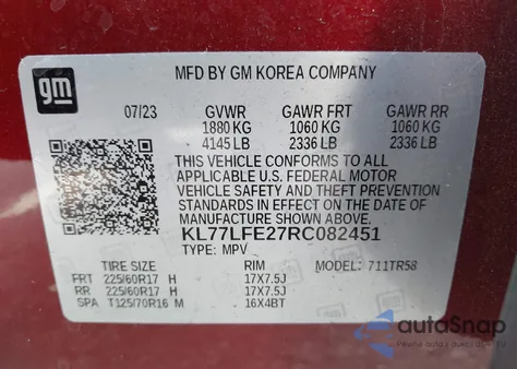 2024 Chevrolet Trax Fwd Sp z USA, uszkodzony, nr VIN KL77LFE27RC082451